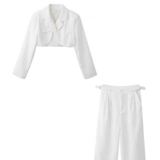 White crop blazer & white long suit pants set wear