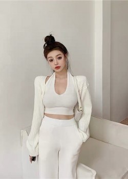 White halter neck top, cardigan & pants set