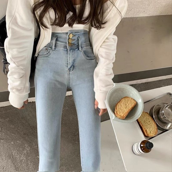 High waist buttons denim slim fit jeans