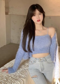 Furry cardigan & crop singlet set