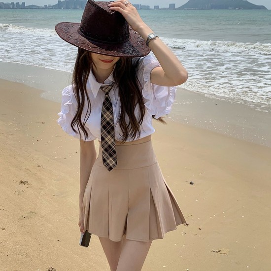 Khaki high waist pleated skirt