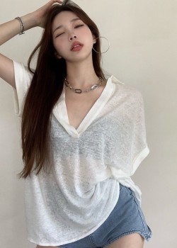 White translucent V neck oversized blouse