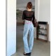 Embroidered Blue Denim High Waist Pants