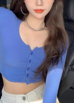 Round neck long sleeve button crop top