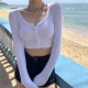 Round neck long sleeve button crop top