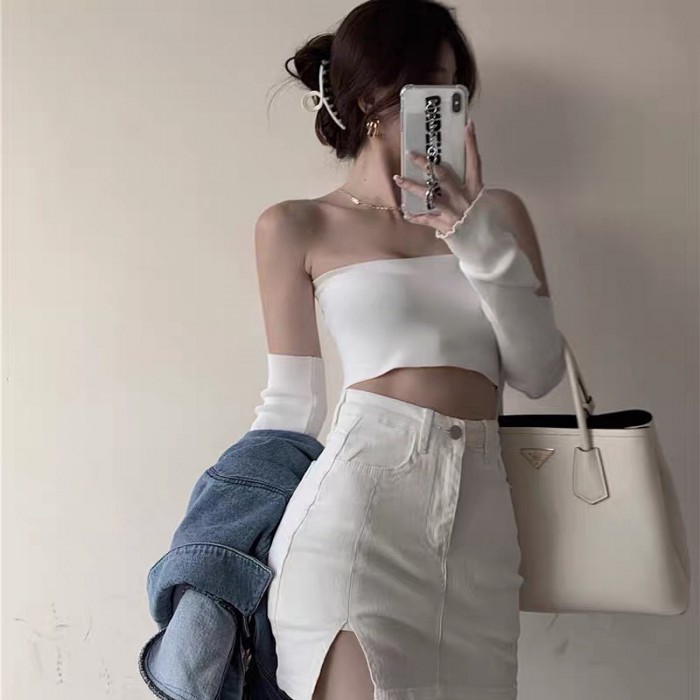 Denim high waist skort