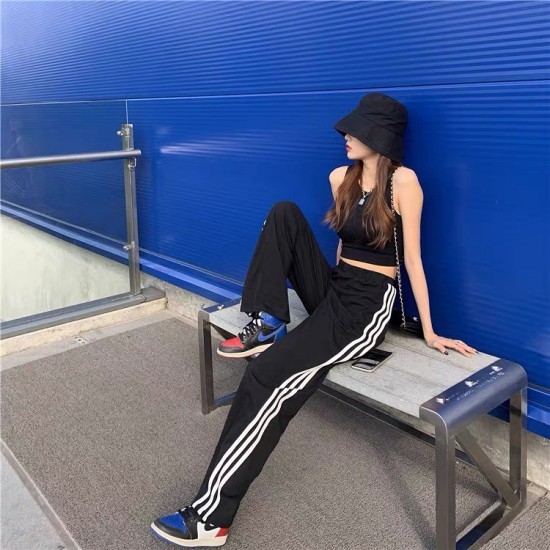 High waist stretchable 3 stripes long pants