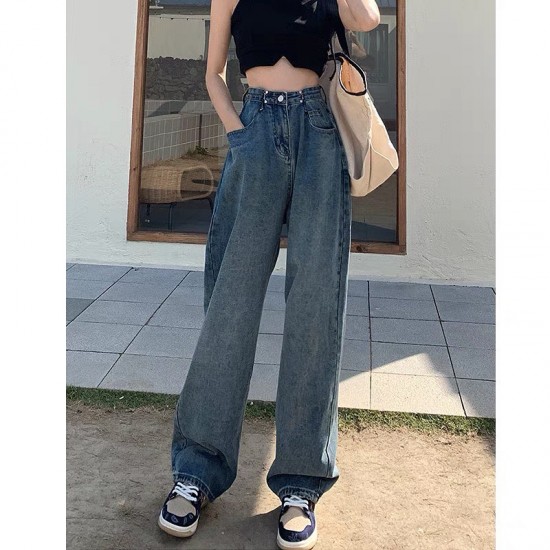 Dark blue denim mop pants