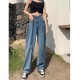 Dark blue denim mop pants