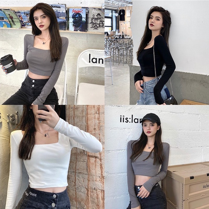 Square neck long sleeve blouse