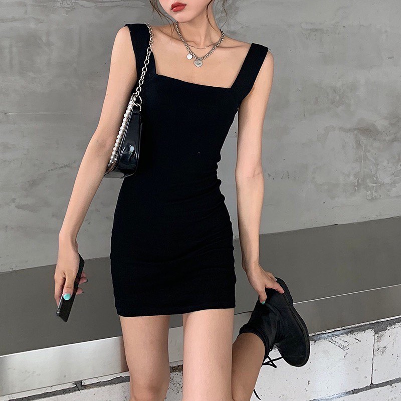 Black square neck sleeveless dress