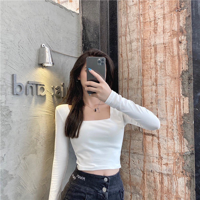 Square neck long sleeve blouse