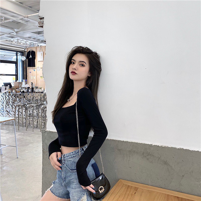 Square neck long sleeve blouse