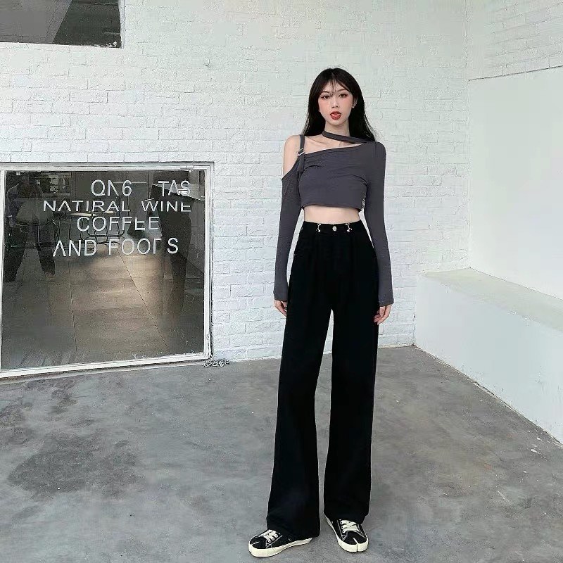 High waist side buckle high waist pants