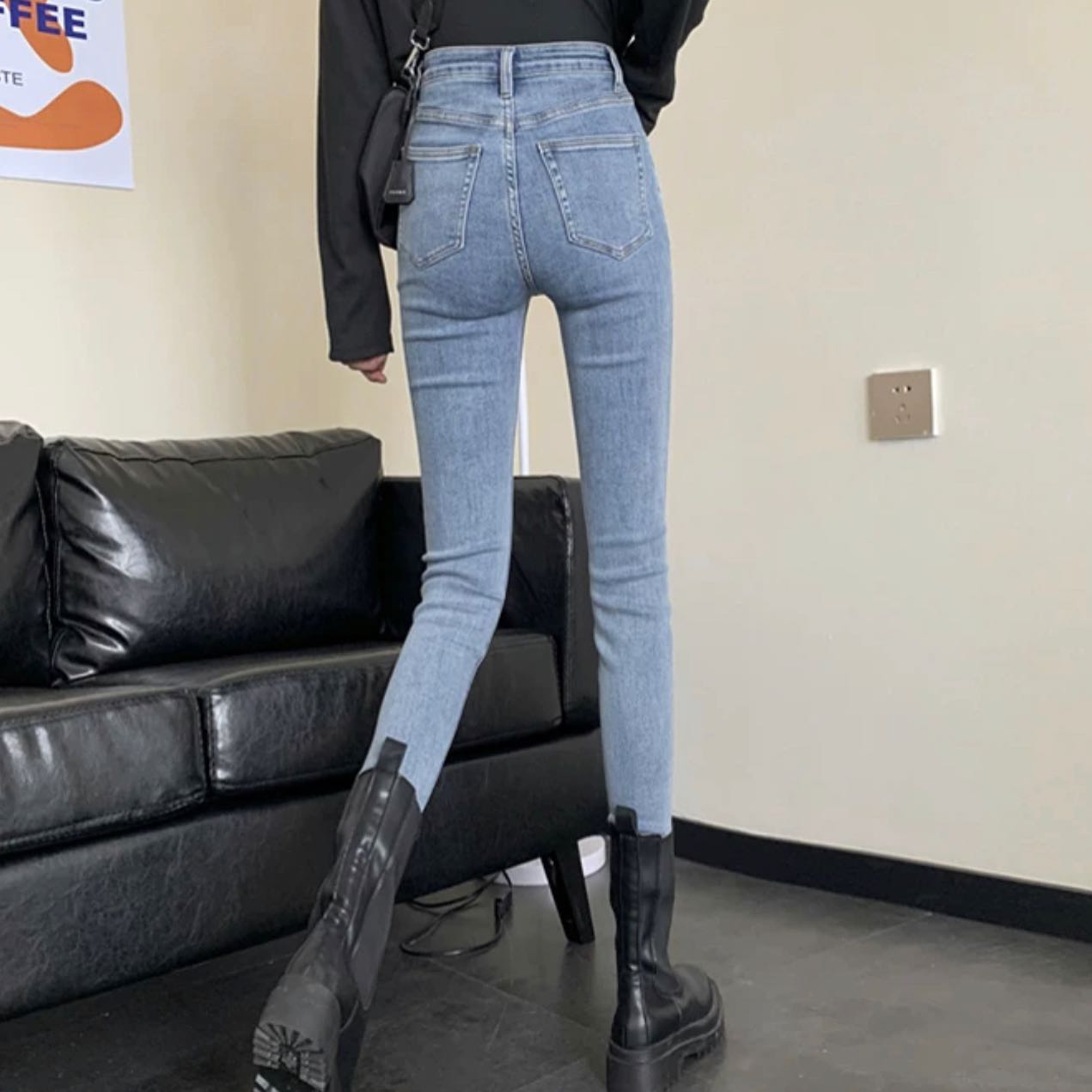 Slim denim high waist pants