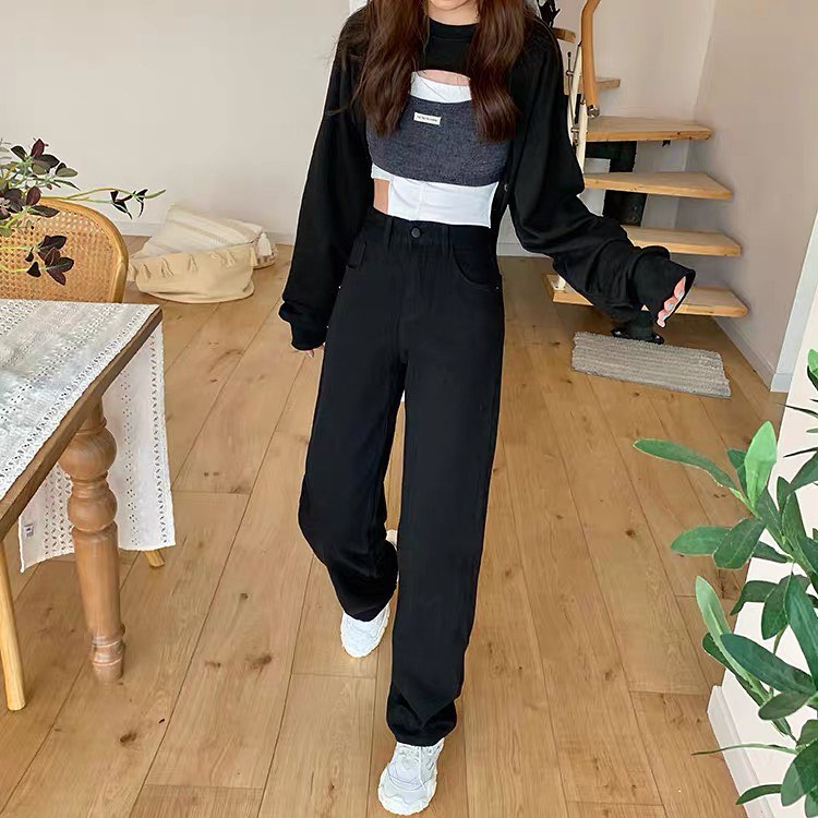 Denim straight high waist pants