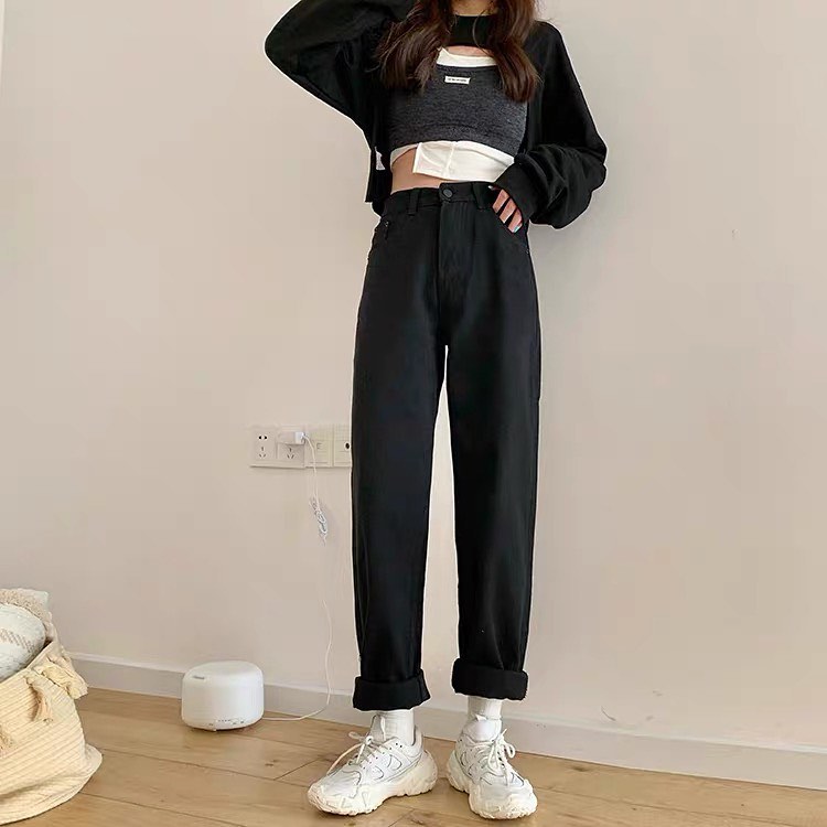 Denim straight high waist pants