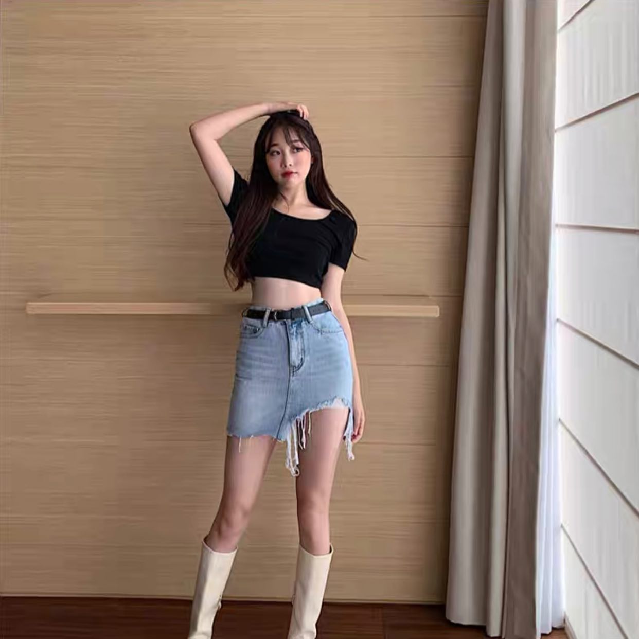 High waist ripped denim skirt