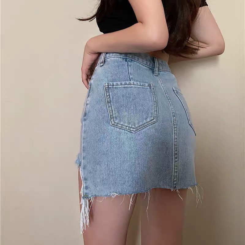 High waist ripped denim skirt