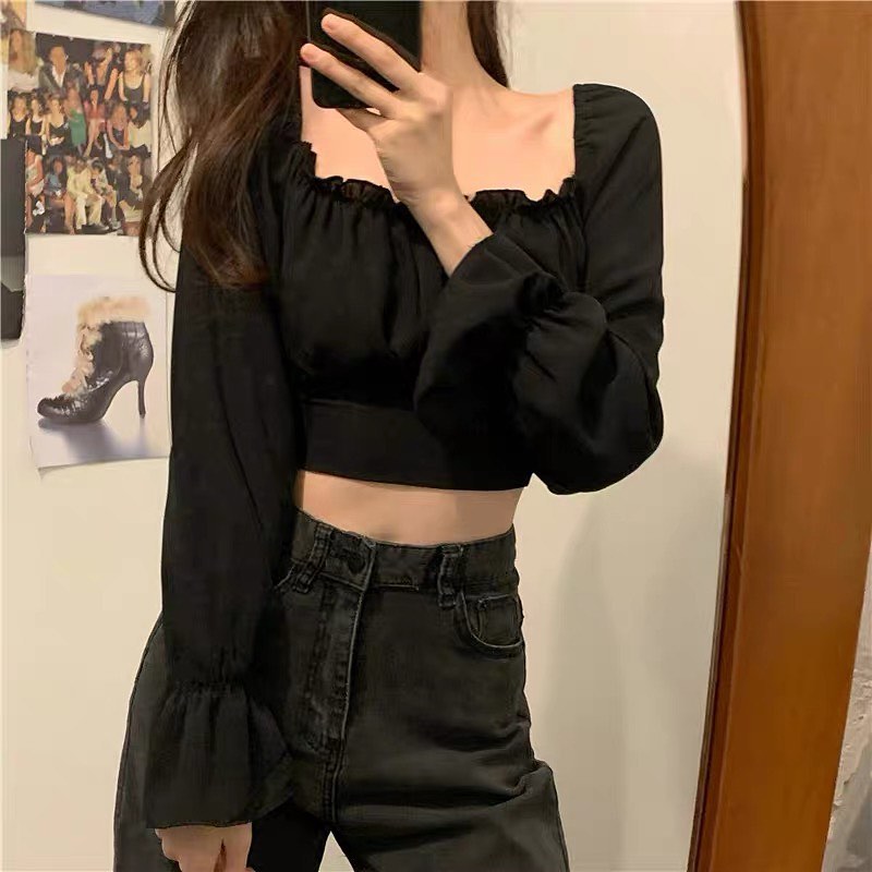Black long sleeve square neck blouse