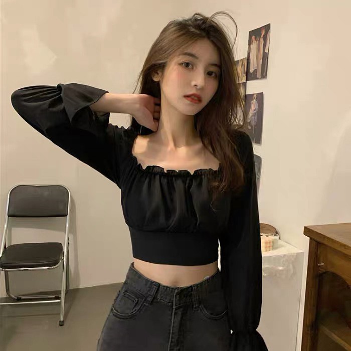 Black long sleeve square neck blouse