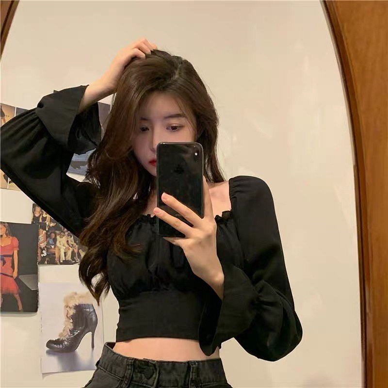 Black long sleeve square neck blouse