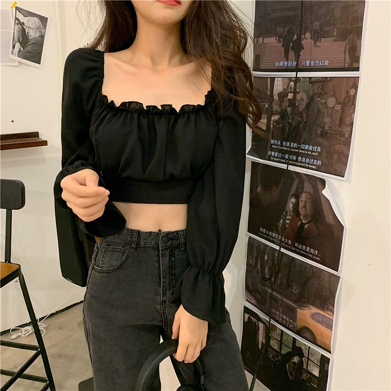 Black long sleeve square neck blouse
