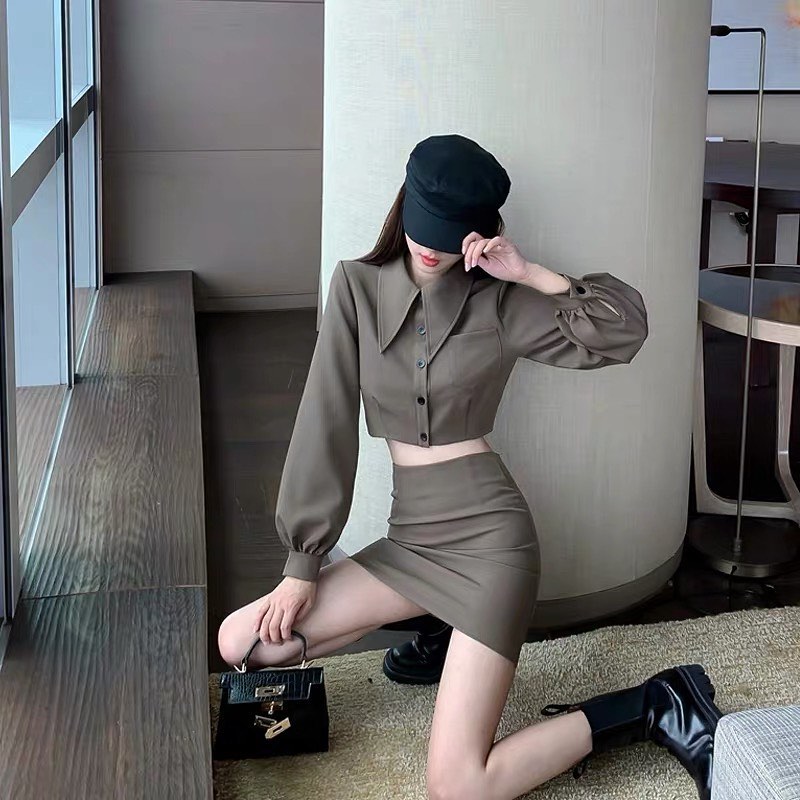 Collar long sleeve crop blouse & high waist skirt