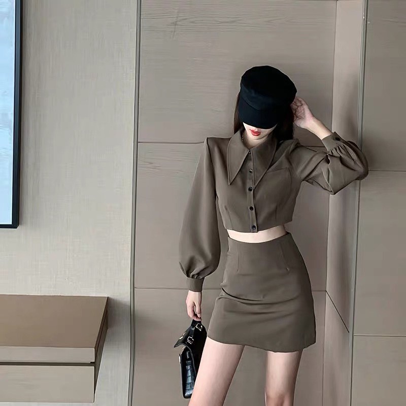 Collar long sleeve crop blouse & high waist skirt