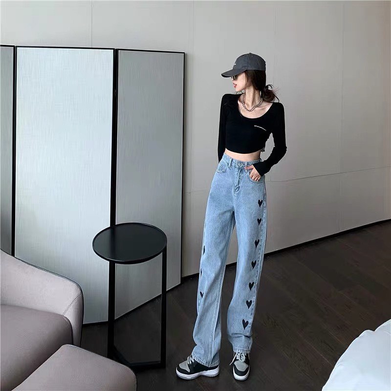 Heart denim high waist pants