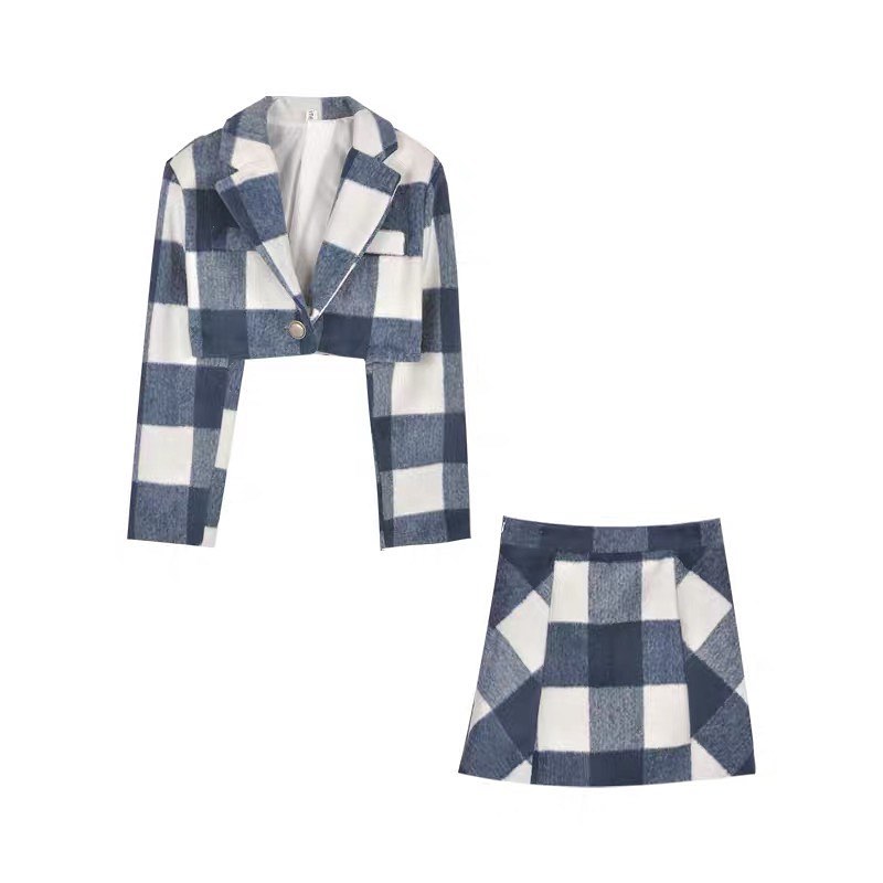 Plaid small suit jacket & skirt set wear