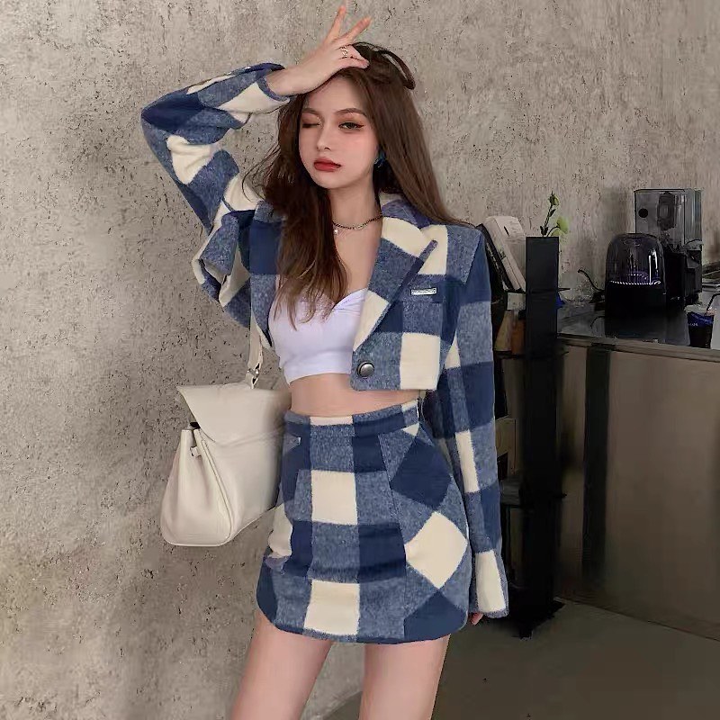 Plaid small suit jacket & skirt set wear