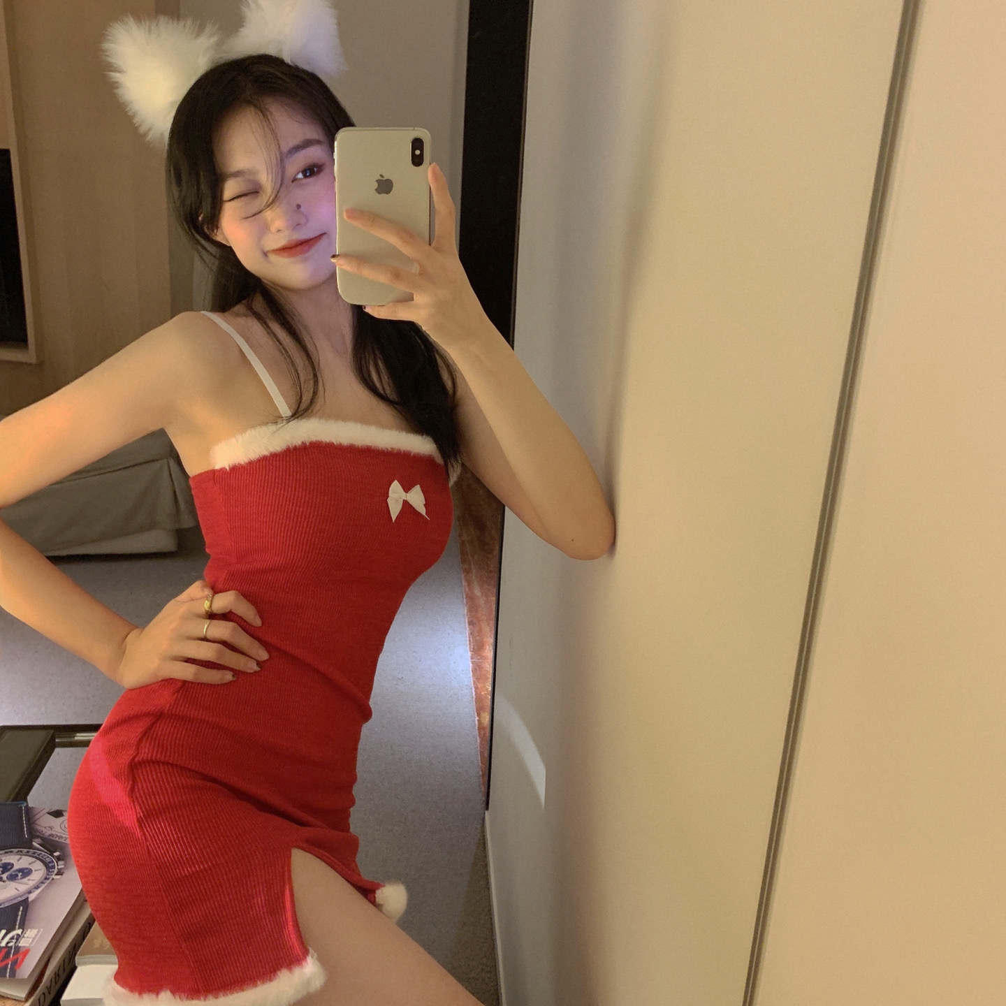 Cute ribbon red sleeveless dress (CNY004)