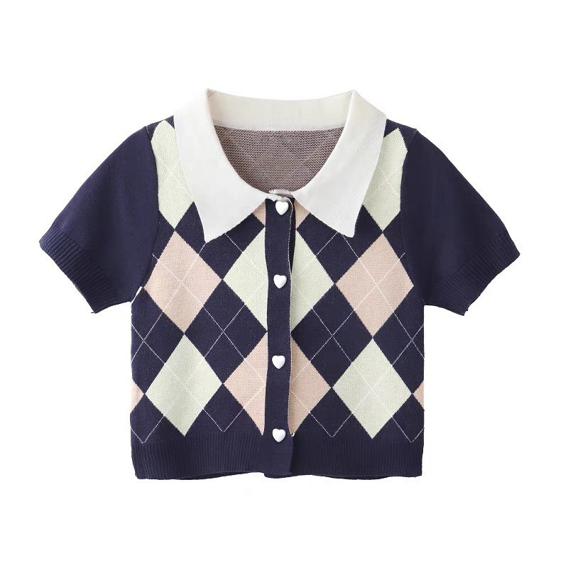 Knitted short sleeve polo crop top