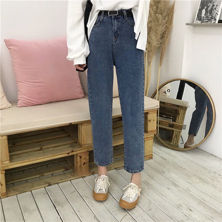 Blue denim straight pants