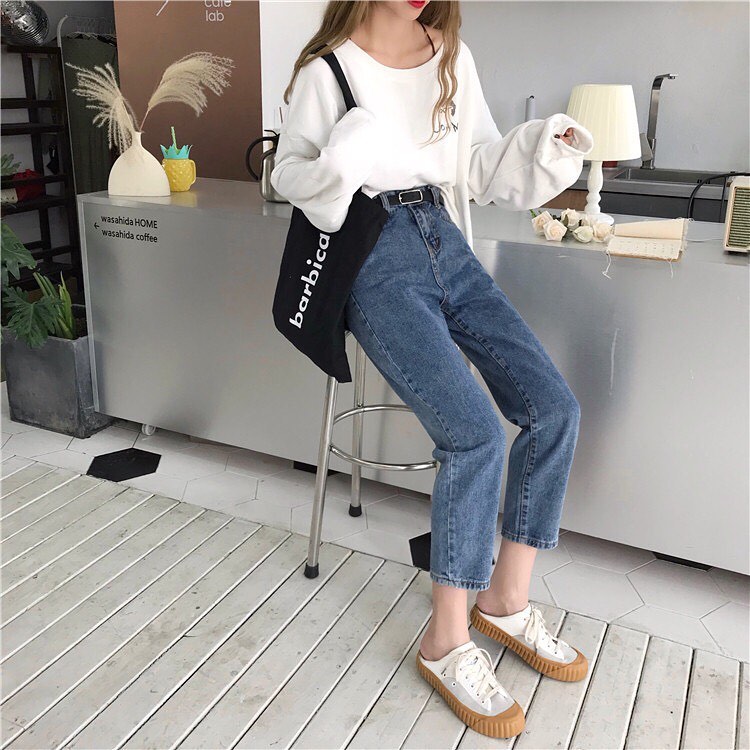 Blue denim straight pants