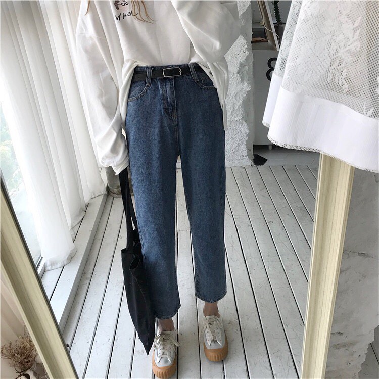 Blue denim straight pants