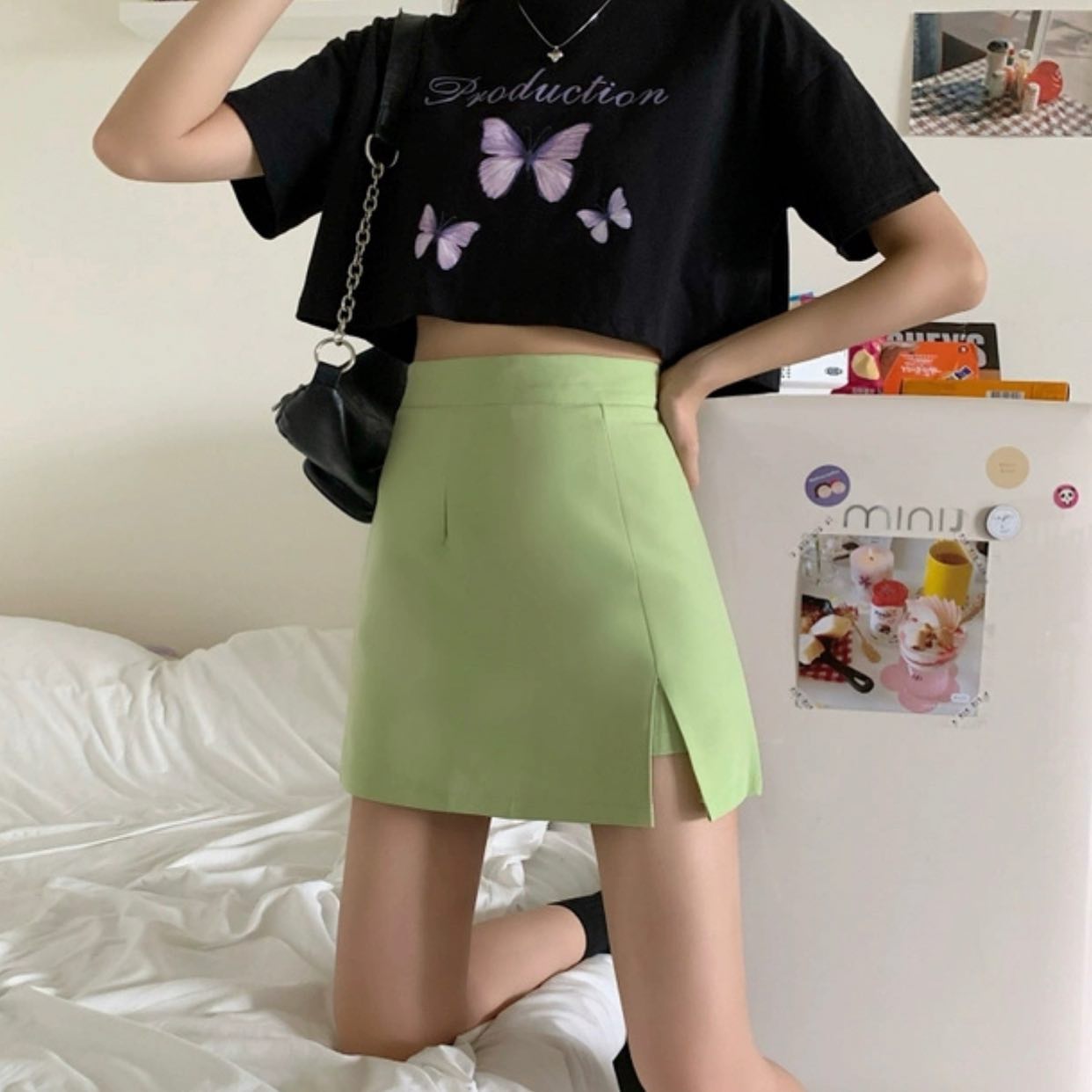 High waist slit A line skirt w/ pants