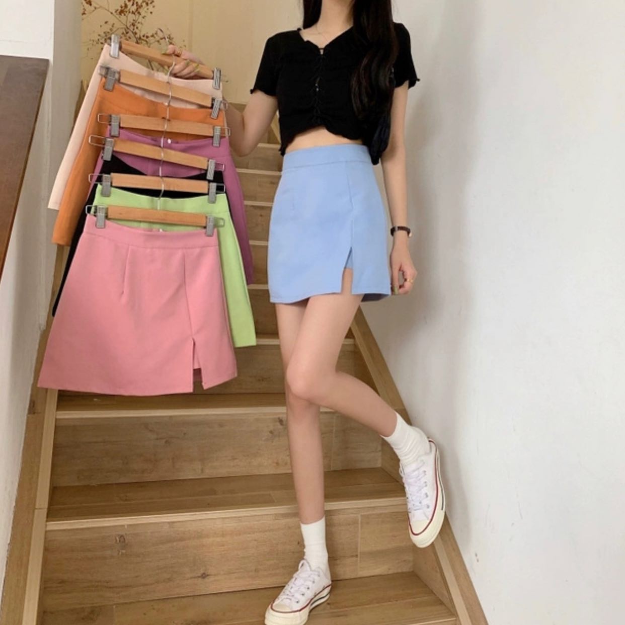 High waist slit A line skirt w/ pants