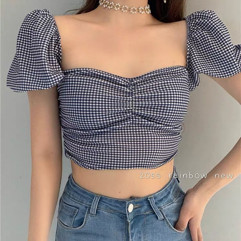 Checkered puffy sleeve crop top
