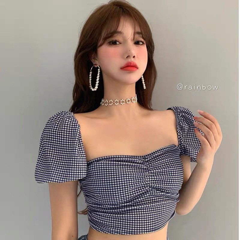Checkered puffy sleeve crop top