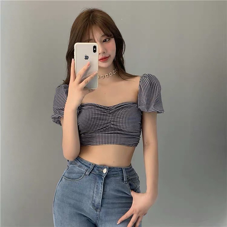 Checkered puffy sleeve crop top