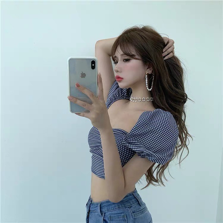 Checkered puffy sleeve crop top