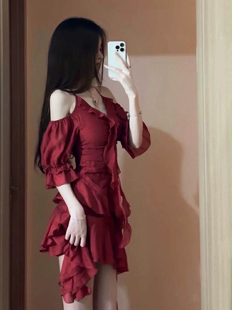 Red Cold Shoulder Ruffle Dress