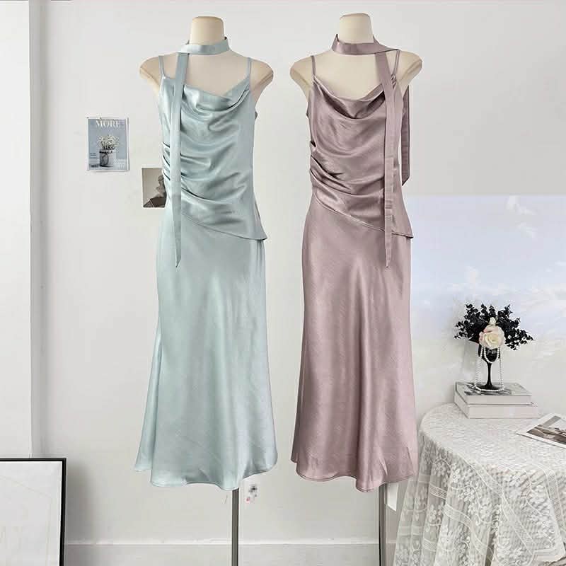 Satin Long Dress with Neck Tie