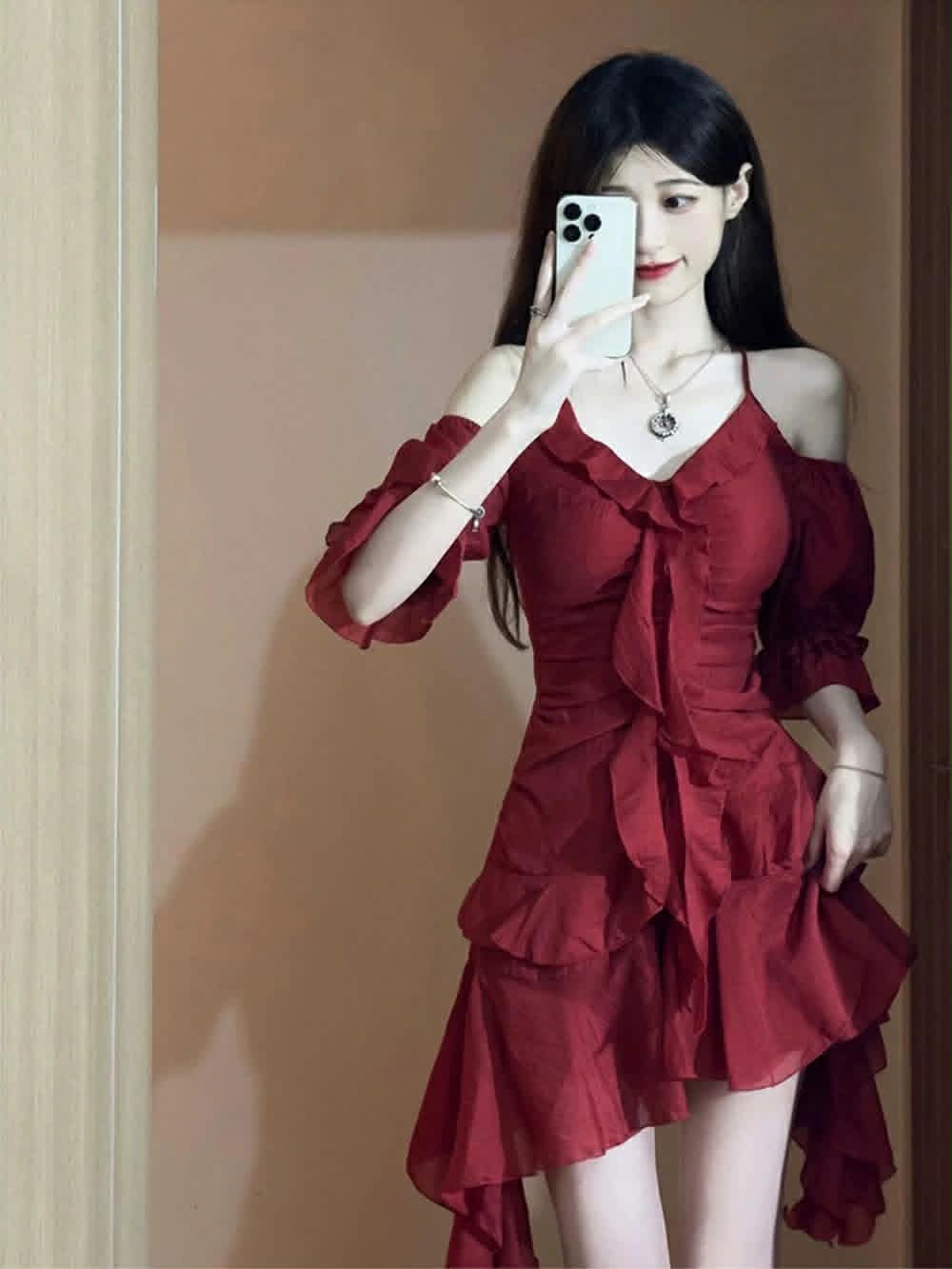 Red Cold Shoulder Ruffle Dress