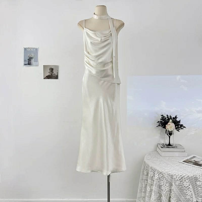 Satin Long Dress with Neck Tie