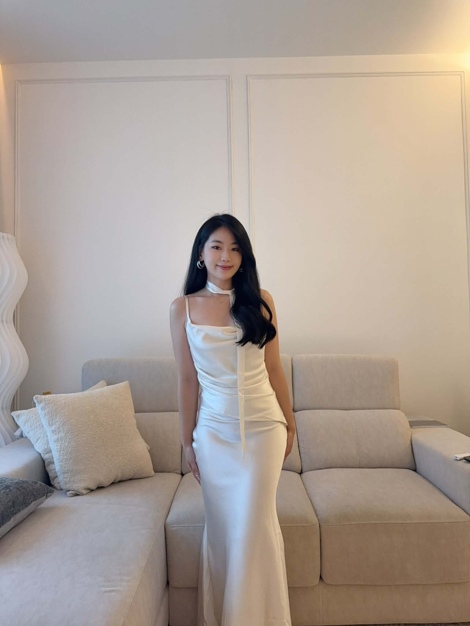 Satin Long Dress with Neck Tie