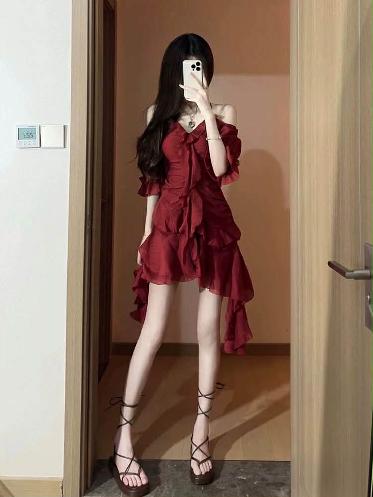 Red Cold Shoulder Ruffle Dress