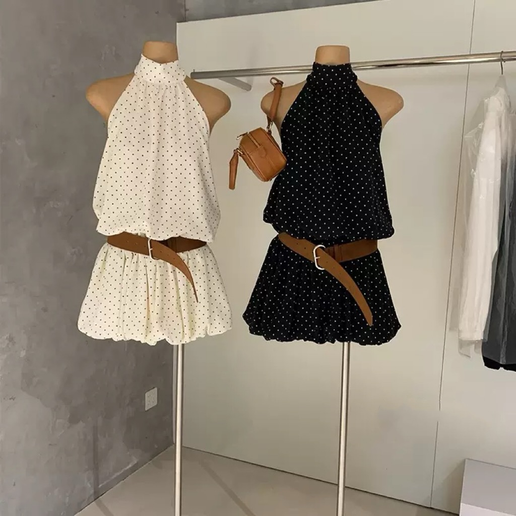 Polka-Dot Halter Dress with Belt